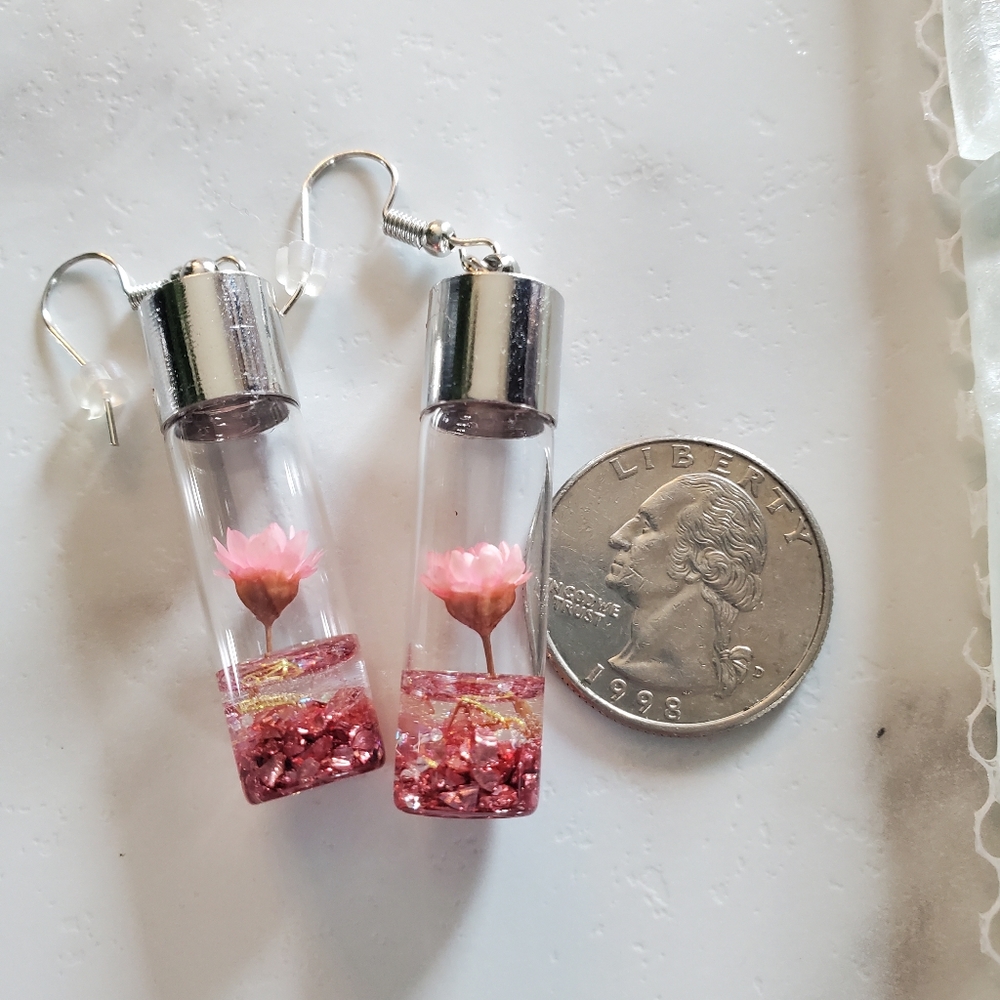 Pink Wish Flowers Glass Bottle Dangle Earrings - Picture 6 of 14
